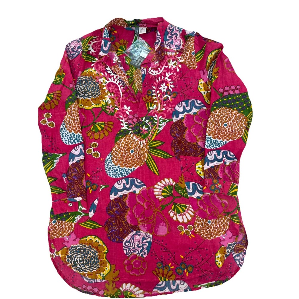 Anu Top Women's Small Red Pink Floral Tunic Boho Embroidered Tropical NWT